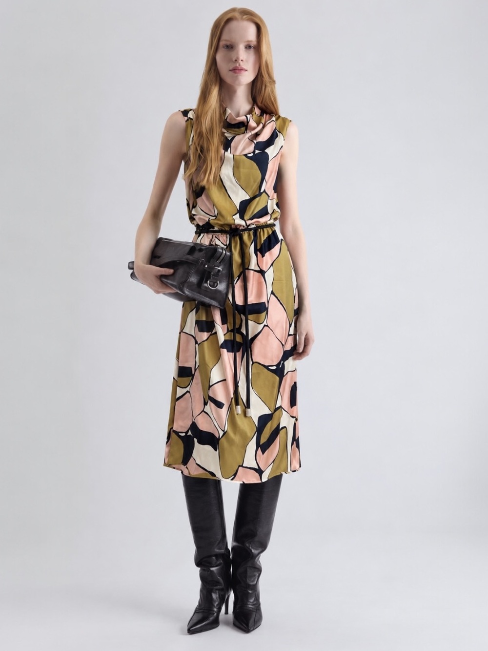 Marc Jacobs Silk Abstract Print Cowl Neck Midi Dress Pink Olive Black Size 0